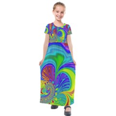 Fractal Neon Art Artwork Fantasy Kids  Short Sleeve Maxi Dress