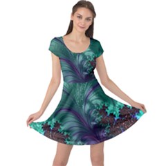 Fractal Turquoise Feather Swirl Cap Sleeve Dress by Pakrebo