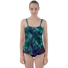 Fractal Turquoise Feather Swirl Twist Front Tankini Set by Pakrebo