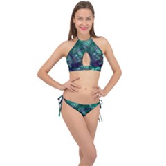 Fractal Turquoise Feather Swirl Cross Front Halter Bikini Set by Pakrebo