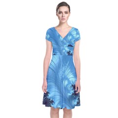 Fractal Art Feather Swirls Puffy Short Sleeve Front Wrap Dress