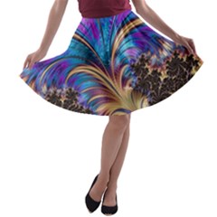 Fractal Feather Swirl Purple Blue A-line Skater Skirt by Pakrebo