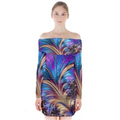 Fractal Feather Swirl Purple Blue Long Sleeve Off Shoulder Dress by Pakrebo