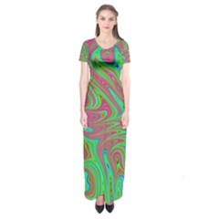 Fractal Art Neon Green Pink Short Sleeve Maxi Dress by Pakrebo