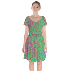 Fractal Art Neon Green Pink Short Sleeve Bardot Dress by Pakrebo