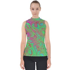 Fractal Art Neon Green Pink Mock Neck Shell Top by Pakrebo