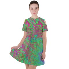 Fractal Art Neon Green Pink Short Sleeve Shoulder Cut Out Dress  by Pakrebo