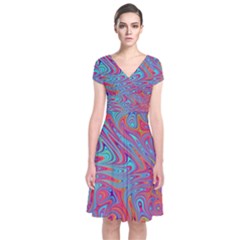 Fractal Bright Fantasy Design Short Sleeve Front Wrap Dress