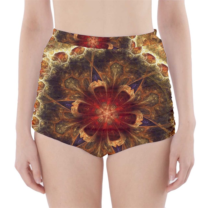 Dawn Day Fractal Sunny Gold Red High-Waisted Bikini Bottoms