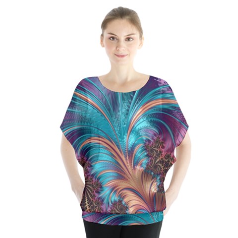 Feather Fractal Artistic Design Batwing Chiffon Blouse by Pakrebo