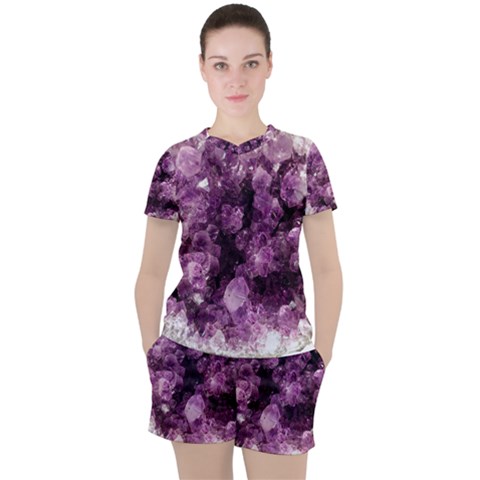 Amethyst Purple Violet Geode Slice Women s Tee And Shorts Set by genx