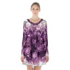 Amethyst Purple Violet Geode Slice Long Sleeve Velvet V-neck Dress by genx