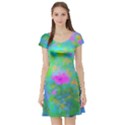 Pink Rose Of Sharon Impressionistic Blue Landscape Garden Short Sleeve Skater Dress View1