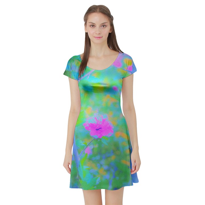 Pink Rose Of Sharon Impressionistic Blue Landscape Garden Short Sleeve Skater Dress