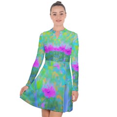 Pink Rose Of Sharon Impressionistic Blue Landscape Garden Long Sleeve Panel Dress by myrubiogarden