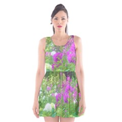Annabella Hydrangeas And Purple Garden Landscape Scoop Neck Skater Dress by myrubiogarden