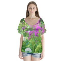 Annabella Hydrangeas And Purple Garden Landscape V-neck Flutter Sleeve Top by myrubiogarden