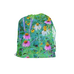 White And Purple Coneflowers And Yellow Rudbeckia Drawstring Pouch (large) by myrubiogarden