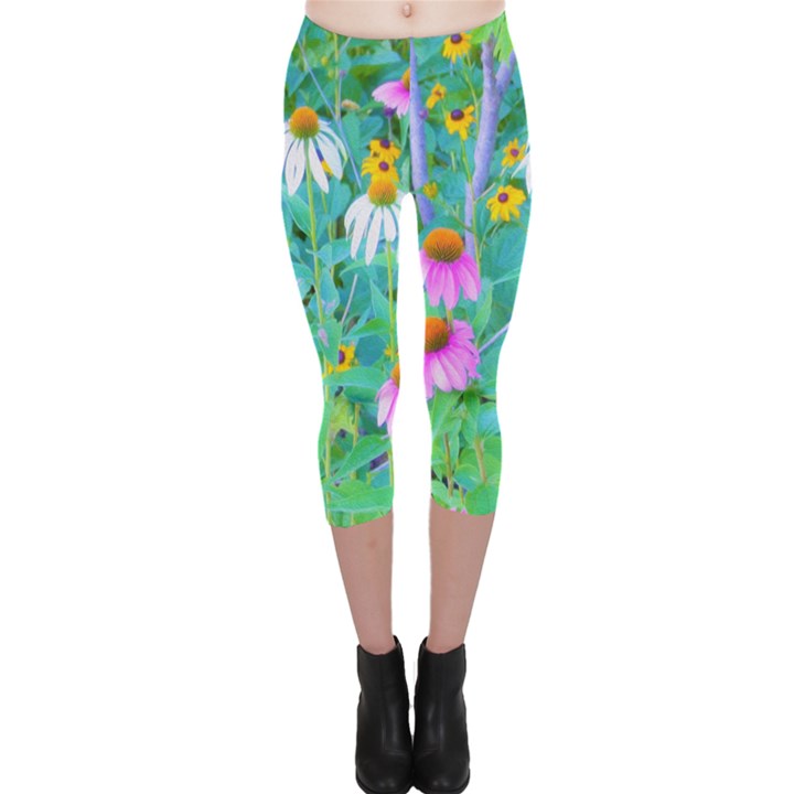 White And Purple Coneflowers And Yellow Rudbeckia Capri Leggings 