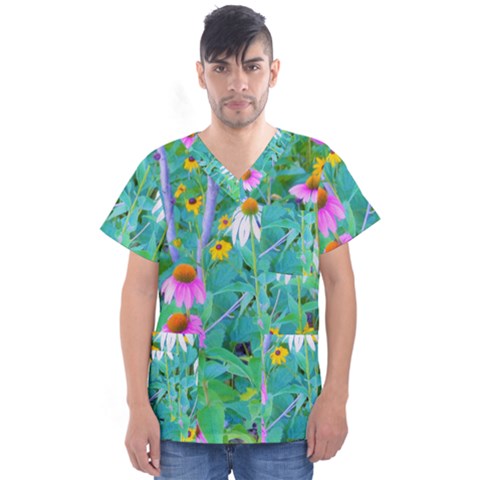 White And Purple Coneflowers And Yellow Rudbeckia Men s V-neck Scrub Top by myrubiogarden