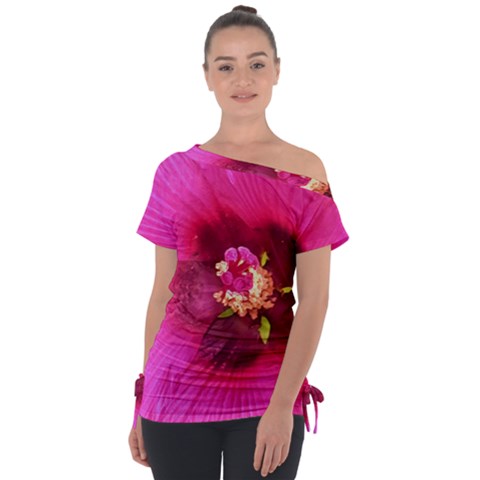 Deep Pink And Crimson Hibiscus Flower Macro Tie-up Tee by myrubiogarden