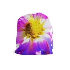 Purple, Pink And White Dahlia With A Bright Yellow Center Drawstring Pouch (large) by myrubiogarden