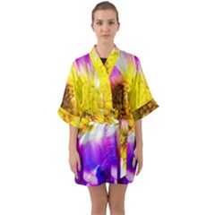 Purple, Pink And White Dahlia With A Bright Yellow Center Quarter Sleeve Kimono Robe by myrubiogarden