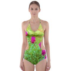 Impressionistic Purple Peonies With Green Hostas Cut-out One Piece Swimsuit by myrubiogarden