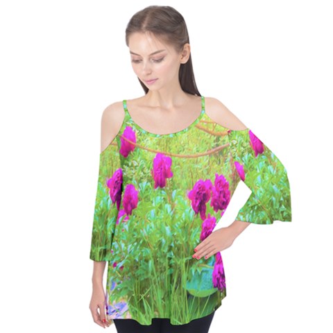 Impressionistic Purple Peonies With Green Hostas Flutter Tees by myrubiogarden