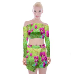 Impressionistic Purple Peonies With Green Hostas Off Shoulder Top With Mini Skirt Set by myrubiogarden