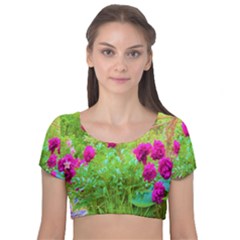 Impressionistic Purple Peonies With Green Hostas Velvet Short Sleeve Crop Top 