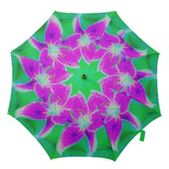 Hot Pink Stargazer Lily On Turquoise Blue And Green Hook Handle Umbrellas (small) by myrubiogarden