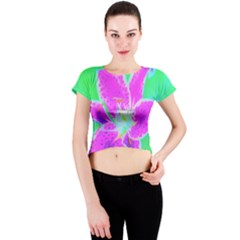 Hot Pink Stargazer Lily On Turquoise Blue And Green Crew Neck Crop Top by myrubiogarden