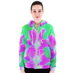 Hot Pink Stargazer Lily On Turquoise Blue And Green Women s Zipper Hoodie by myrubiogarden