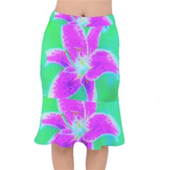 Hot Pink Stargazer Lily On Turquoise Blue And Green Mermaid Skirt by myrubiogarden