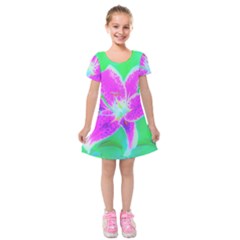 Hot Pink Stargazer Lily On Turquoise Blue And Green Kids  Short Sleeve Velvet Dress by myrubiogarden