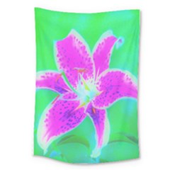 Hot Pink Stargazer Lily On Turquoise Blue And Green Large Tapestry by myrubiogarden