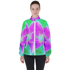 Hot Pink Stargazer Lily On Turquoise Blue And Green High Neck Windbreaker (women) by myrubiogarden