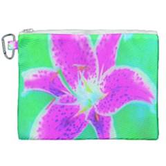 Hot Pink Stargazer Lily On Turquoise Blue And Green Canvas Cosmetic Bag (xxl) by myrubiogarden