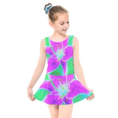 Hot Pink Stargazer Lily On Turquoise Blue And Green Kids  Skater Dress Swimsuit by myrubiogarden