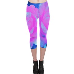 Beautiful Pastel Pink Rose With Blue Background Capri Leggings  by myrubiogarden