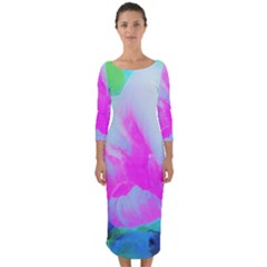 Abstract Pink Hibiscus Bloom With Flower Power Quarter Sleeve Midi Bodycon Dress by myrubiogarden