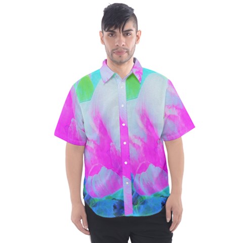 Abstract Pink Hibiscus Bloom With Flower Power Men s Short Sleeve Shirt by myrubiogarden