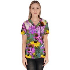 Yellow Flowers In The Purple Coneflower Garden Women s V-neck Scrub Top by myrubiogarden