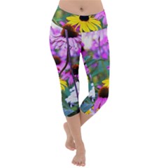 Yellow Flowers In The Purple Coneflower Garden Lightweight Velour Capri Yoga Leggings by myrubiogarden