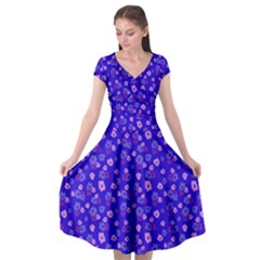 Deep Purple Lavender Blue Pop Flora Design   Cap Sleeve Wrap Front Dress by 1dsign