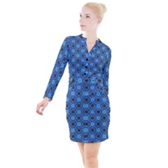 Blue Tile Wallpaper Texture Button Long Sleeve Dress
