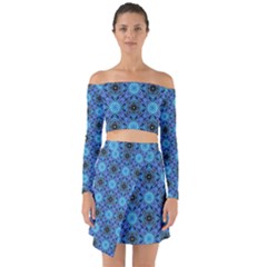 Blue Tile Wallpaper Texture Off Shoulder Top with Skirt Set