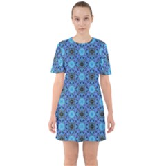 Blue Tile Wallpaper Texture Sixties Short Sleeve Mini Dress