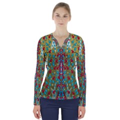 Raining Paradise Flowers In The Moon Light Night V-neck Long Sleeve Top by pepitasart